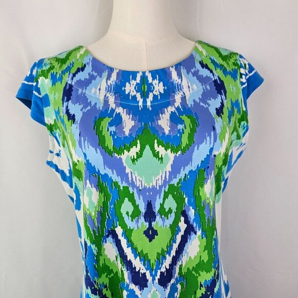 Barbara Erickson Ikat Print Shift Dress Medium Blue Green Tropical Stretch - Picture 2 of 9